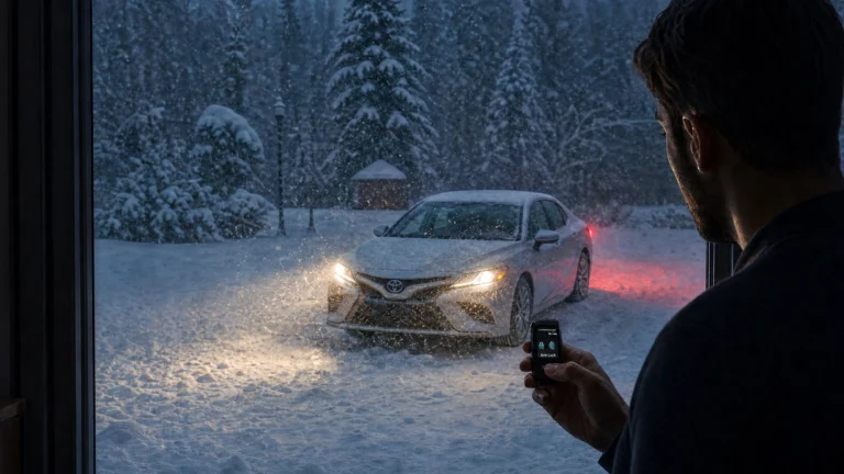 Man starting his car from the window with a remote while it warms up in the snow
