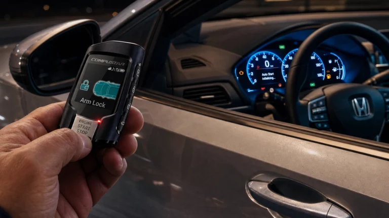 Compustar 2-way remote showing Arm Lock next to a Honda