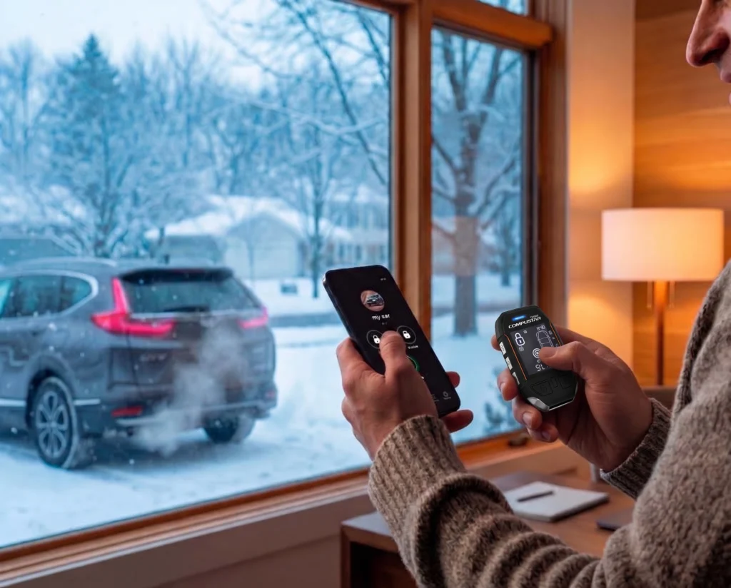 Compustar 2-way remote in hand, starting a car in the snow