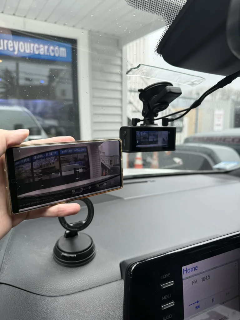 Dash cam app set up on a phone, showing the live view from the front camera